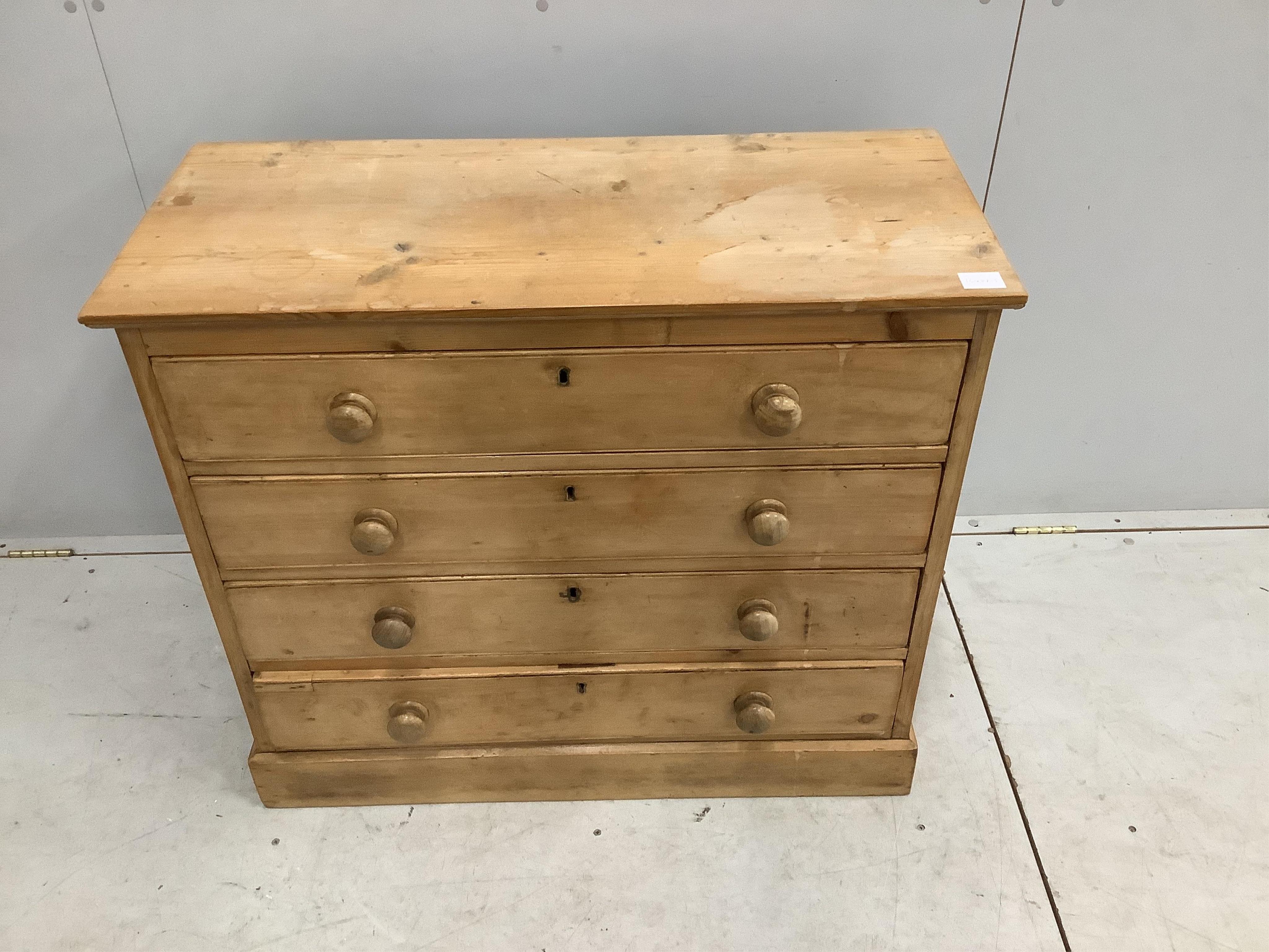 A Victorian pine four drawer chest, width 91cm, depth 41cm, height 80cm. Condition - fair